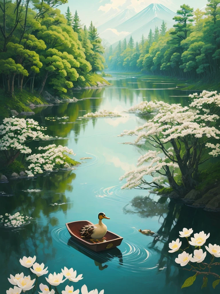 painting of a duck floating in a pond with white flowers, a digital painting by Alex Katz, tumblr, conceptual art, japanese style painting, japanese painting, anime nature wallpap, serene illustration, japanese art on behance, traditional japanese painting, beautiful brush stroke rendering, by rainer hosch, nature painting, this is beautiful, beautiful depiction, chinese style painting
