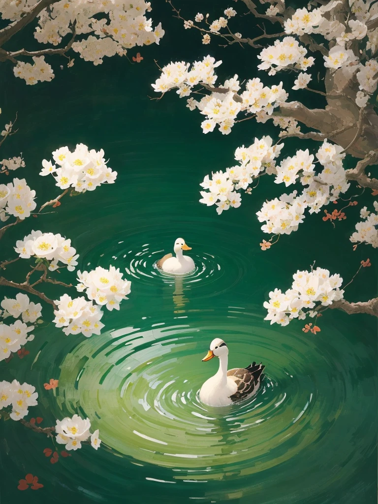 painting of a duck floating in a pond with white flowers, by Alex Katz, inspired by Ohara Koson, by Lin Tinggui, by Kaigetsudō Ando, inspired by Alex Katz, inspired by Winslow Homer, inspired by Hiroshige, japanese style painting, japanese painting, by Jacob Duck, inspired by Wu Guanzhong, inspired by Robert Bateman