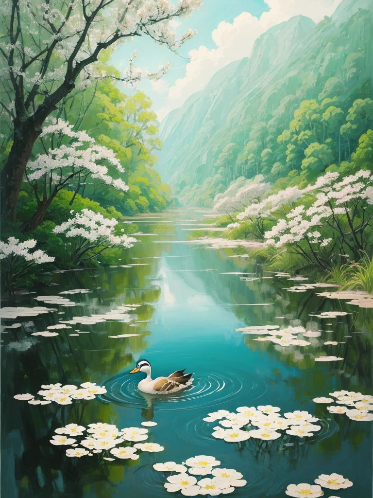 painting of a duck floating in a pond with white flowers, by Alex Katz, inspired by Ohara Koson, by Lin Tinggui, by Kaigetsudō Ando, inspired by Alex Katz, inspired by Winslow Homer, inspired by Hiroshige, japanese style painting, japanese painting, by Jacob Duck, inspired by Wu Guanzhong, inspired by Robert Bateman