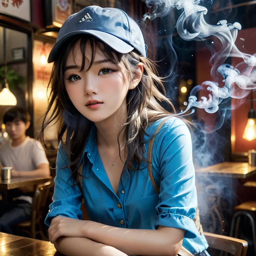 (((Filled with smoke))), Asian smoking girl sitting near a table in a dimly lit cafe, Bright blue shirt, Notice her face, Grey-blue hat