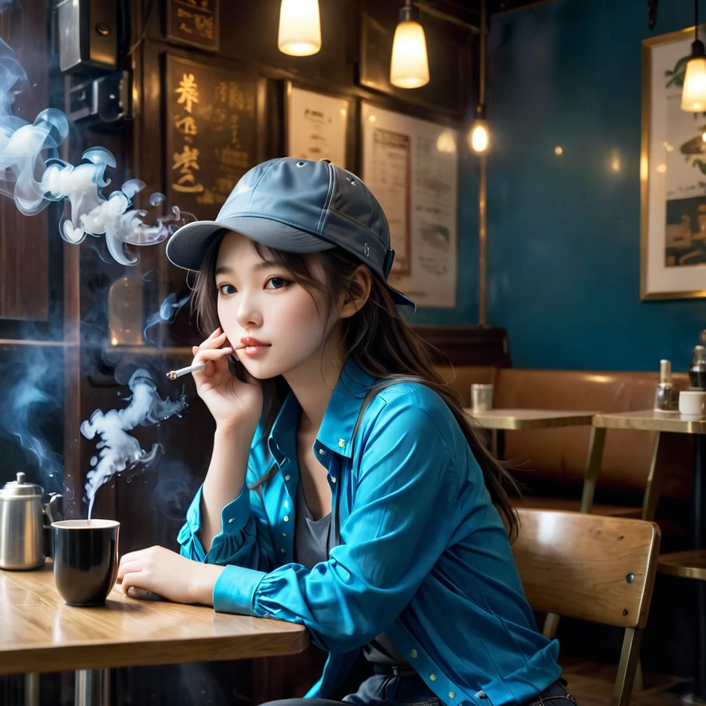 (((Filled with smoke))), Asian smoking girl sitting near a table in a dimly lit cafe, Bright blue shirt, Notice her face, Grey-blue hat