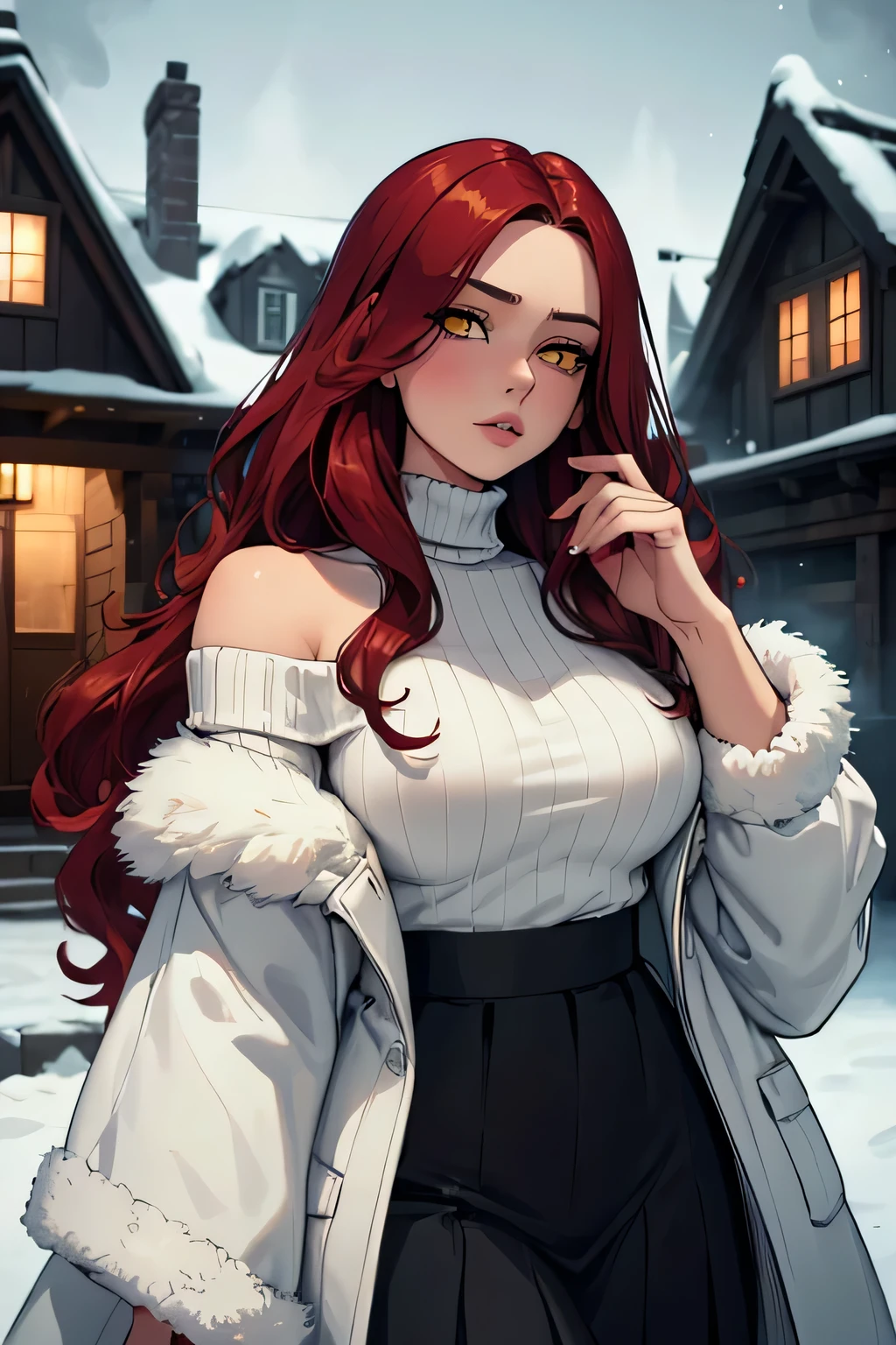 a beautiful young woman, slender body, curvy figure, detailed lips, long wavy red hair, yellow eyes, white off-shoulder sweater, white fur coat, black pleated skirt, on a cozy house, nervous expression, detailed eyes, detailed face, longeyelashes, fashion portrait, cinematic lighting, warm color tones, soft focus
