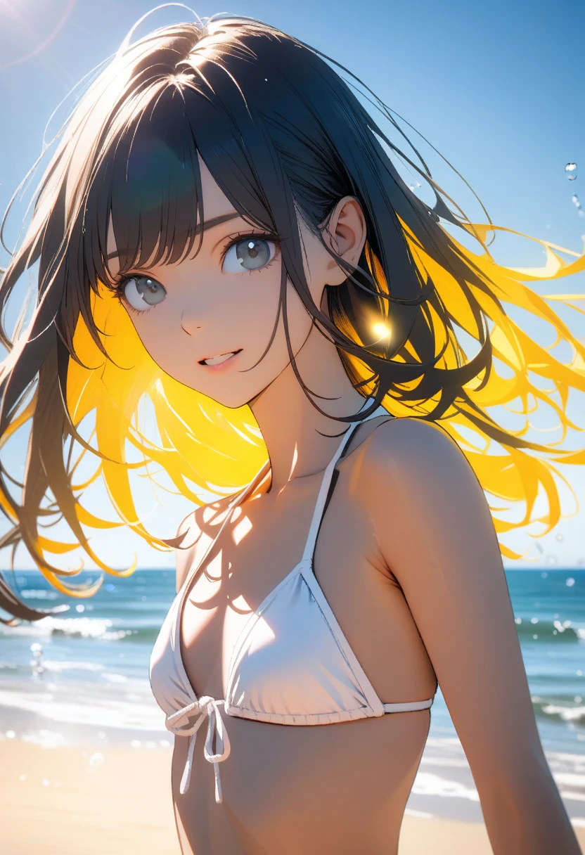 Angelic, One Girl,(bikini), (Straight Hair,Inner Color), Sharp Hair, Facial Contour, Remember, , At the Beach, splash, Lens flare, noon, bright, Natural Color, High resolution, Very delicate, Very detailed, 8k