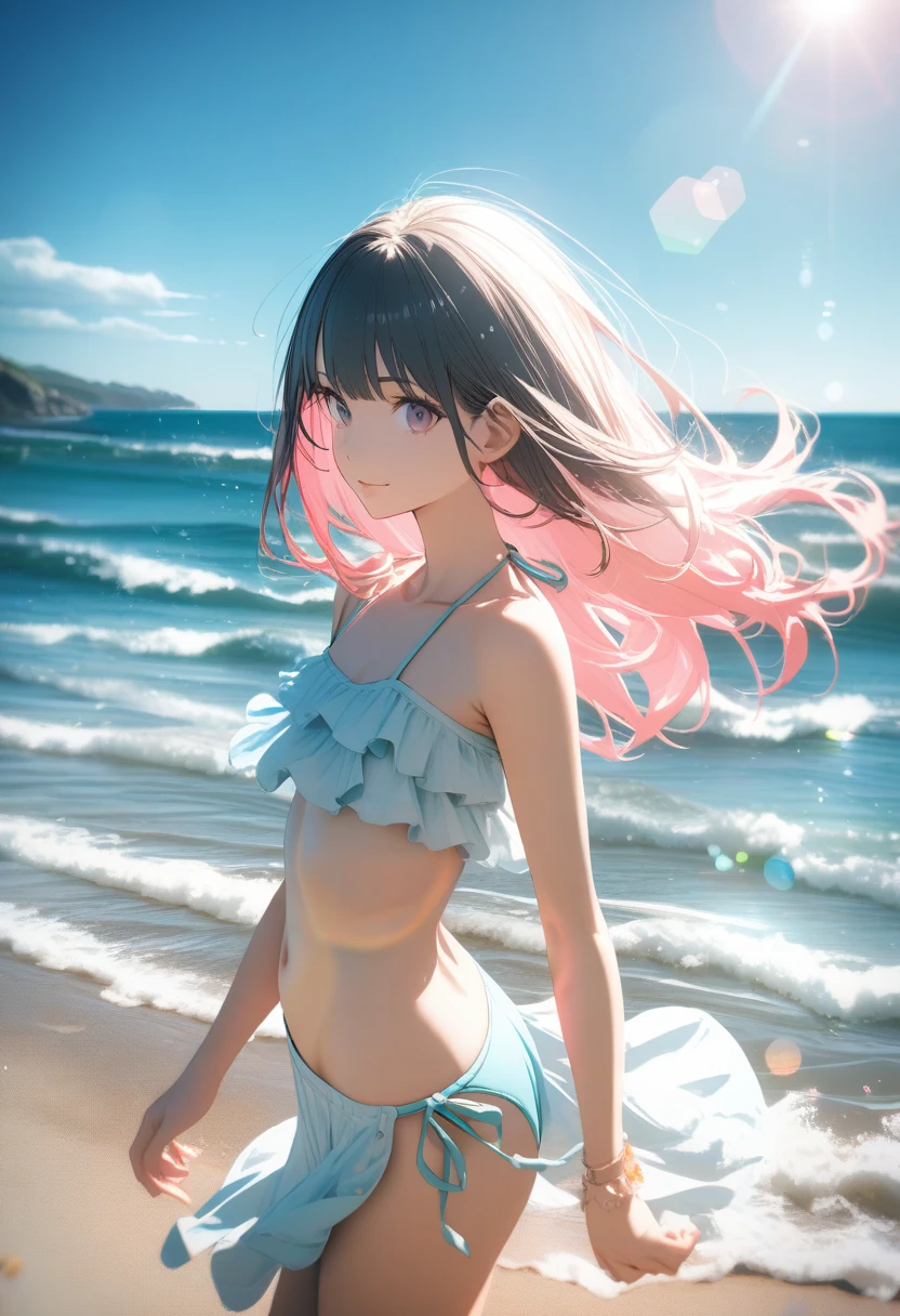 Angelic, One Girl,(bikini), (Straight Hair,Inner Color), Sharp Hair, Facial Contour, Remember, , At the Beach, splash, Lens flare, noon, bright, Natural Color, High resolution, Very delicate, Very detailed, 8k