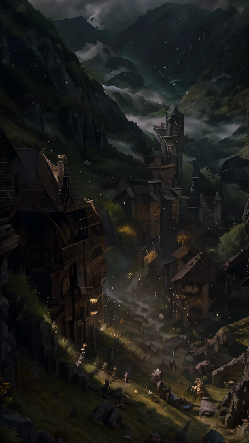 majestic medieval castle, sun rays piercing through clouds, lush forest with vibrant flowers, dragon soaring in the sky, knights in shining armor, epic fantasy battle, magical landscape, high mountains in the background, dynamic and vibrant colors, whimsical atmosphere, enchanted kingdom, cinematic lighting, adventure scene