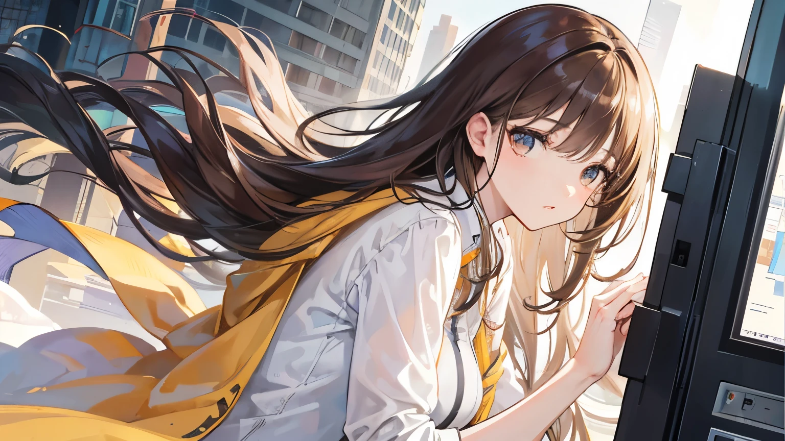 "Create a highly realistic image of the central woman in the uploaded illustration. She should appear as a real person with lifelike details. The woman has long, wavy brown hair with subtle highlights, large expressive eyes, and a delicate facial structure. She is wearing a white-collared shirt with a yellow outfit. The background should be consistent with an urban street setting, similar to the one in the illustration, but the focus should be on the woman's realistic appearance. Ensure that the image retains the emotional and evocative style of the original illustration."