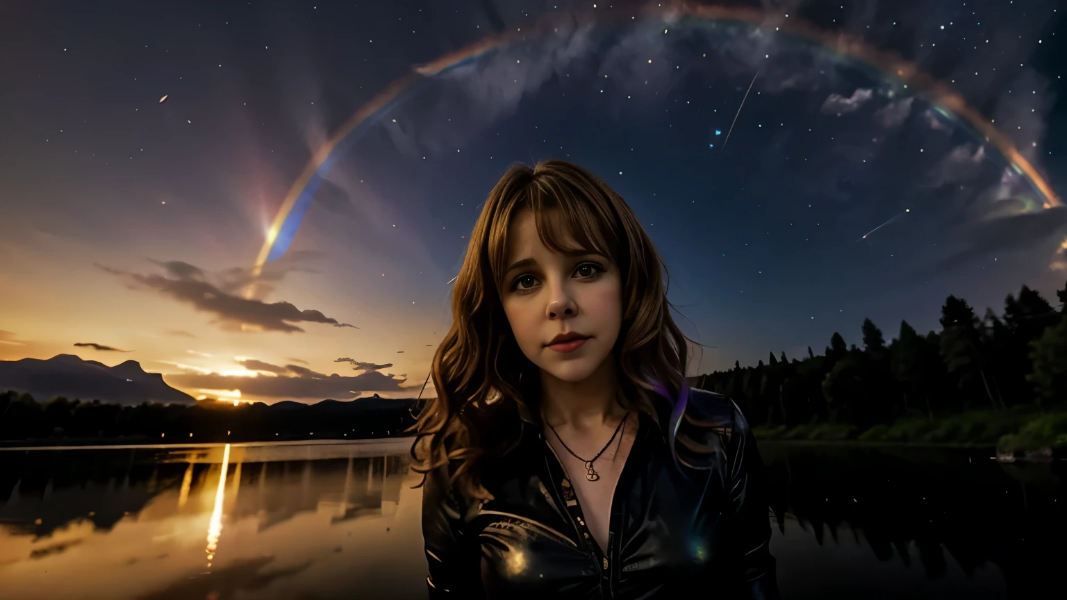 stevie nicks, 25 years old, SHORT DRESS, leather skirt, FREE CURLY HAIR, NIGHT, hands behind the back, lake background, shooting star, watching the camera, closeup, close-up, iridescent clouds, sun on the horizon, BREAK fire rainbow, Circumhorizontal Arc, BREAK,