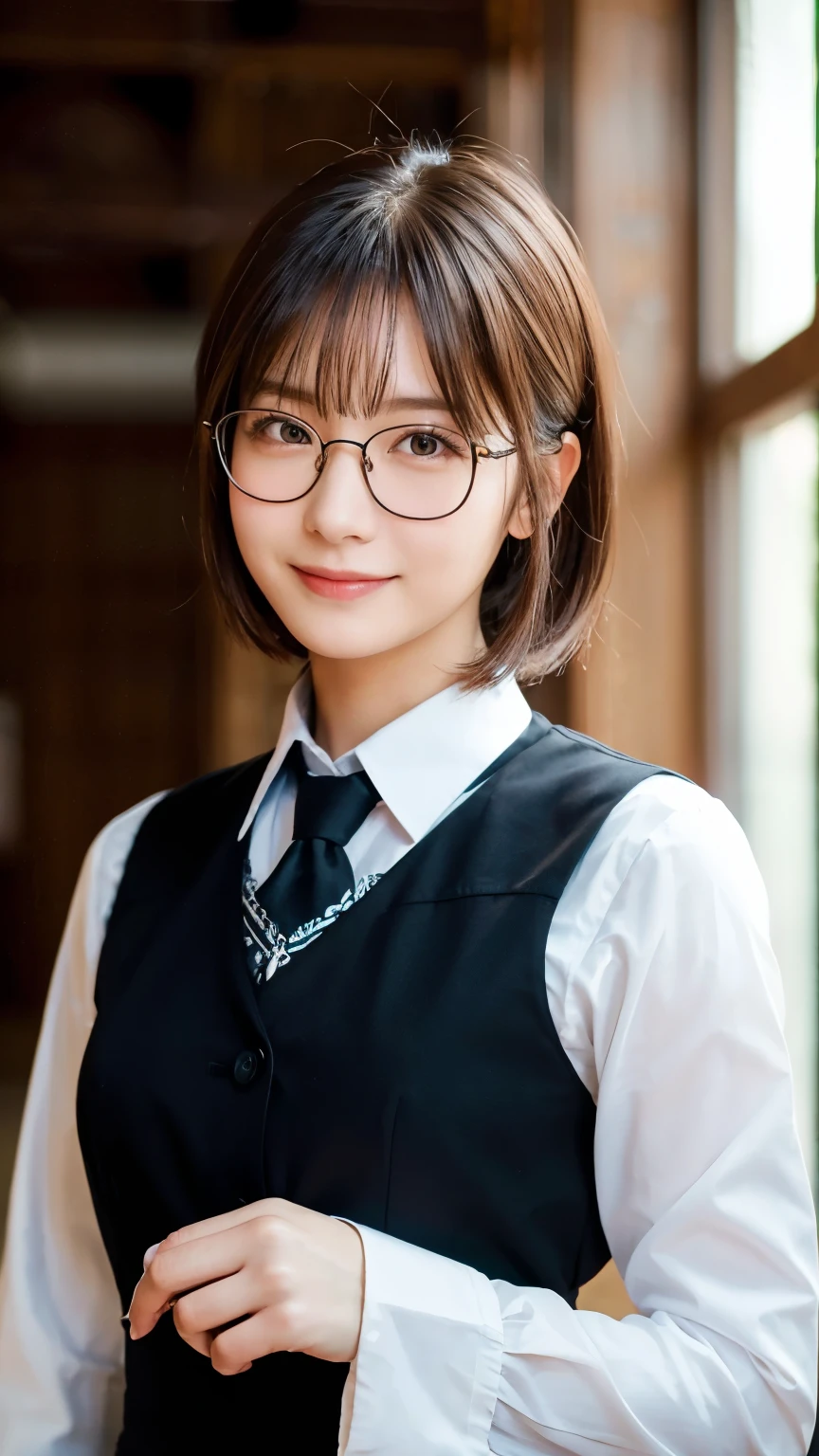 (Highest quality,masterpiece:1.3,Ultra-high resolution),(Very detailed,Caustics,8k),(Realistic:1.4,RAW shooting),A girl dressed as a butler,Japanese,boyish,smile,20-year-old,Short black hair,Glasses,Looking into the camera,Inside the Western-style building,Waist up shot,front,Face Focus,Face close-up,(Warm Light),Professional Writing