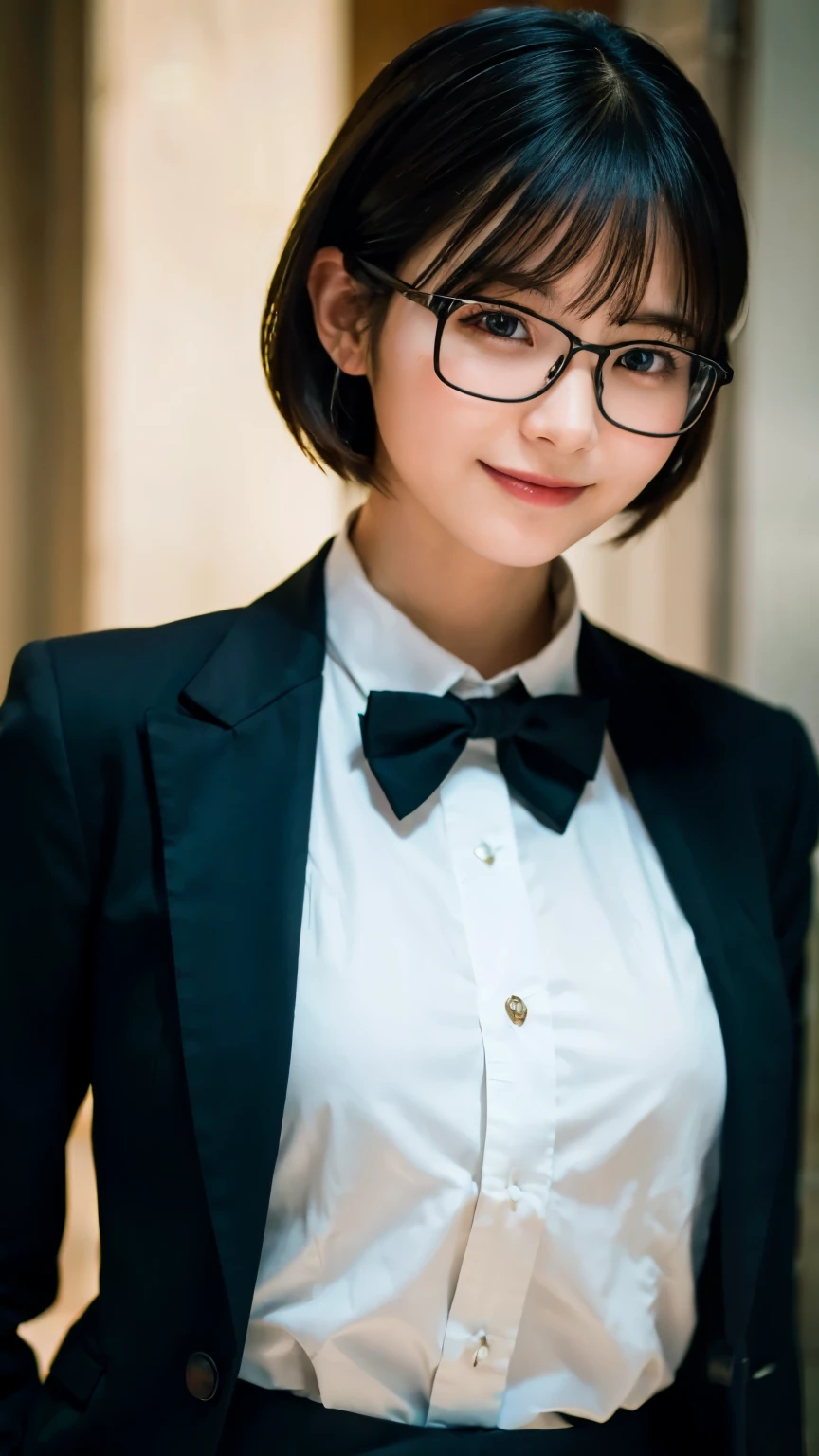 (Highest quality,masterpiece:1.3,Ultra-high resolution),(Very detailed,Caustics,8k),(Realistic:1.4,RAW shooting),A girl dressed as a butler,Japanese,boyish,smile,20-year-old,Short black hair,Glasses,Looking into the camera,Inside the Western-style building,Waist up shot,front,Face Focus,Face close-up,(Warm Light),Professional Writing