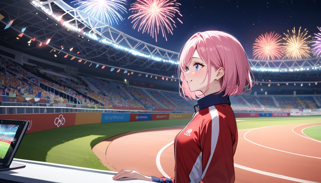 (1 girl),(Best Picture Quality, 8K, Masterpiece:1.3), (high school student:1.5), ((pink lob hair:1.1)), (bob cut),(swept bangs), (cute eyes, pupil black, iris skyblue, youthful face), (mole under right eye), (standard weight), (small breasts),(big hip), (glistening skin:1.2),(pale skin:1.2),(smile:1.2),(track and field uniform),(sweat:1.1),((looking ahead:1.3), ((from side:1.3)).((Sports Event)),(Stadium),(Night),(Festival),(Olympic),(Sparkling Festivities:1.2),((magnificent view:1.1)),(some players).
