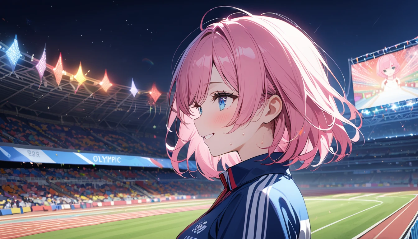 (1 girl),(Best Picture Quality, 8K, Masterpiece:1.3), (high school student:1.5), ((pink lob hair:1.1)), (bob cut),(swept bangs), (cute eyes, pupil black, iris skyblue, youthful face), (mole under right eye), (standard weight), (small breasts),(big hip), (glistening skin:1.2),(pale skin:1.2),(smile:1.2),(track and field uniform),(sweat:1.1),((looking ahead:1.3), ((from side:1.3)).((Sports Event)),(Stadium),(Night),(Festival),(Olympic),(Sparkling Festivities:1.2),((magnificent view:1.1)),(some players).