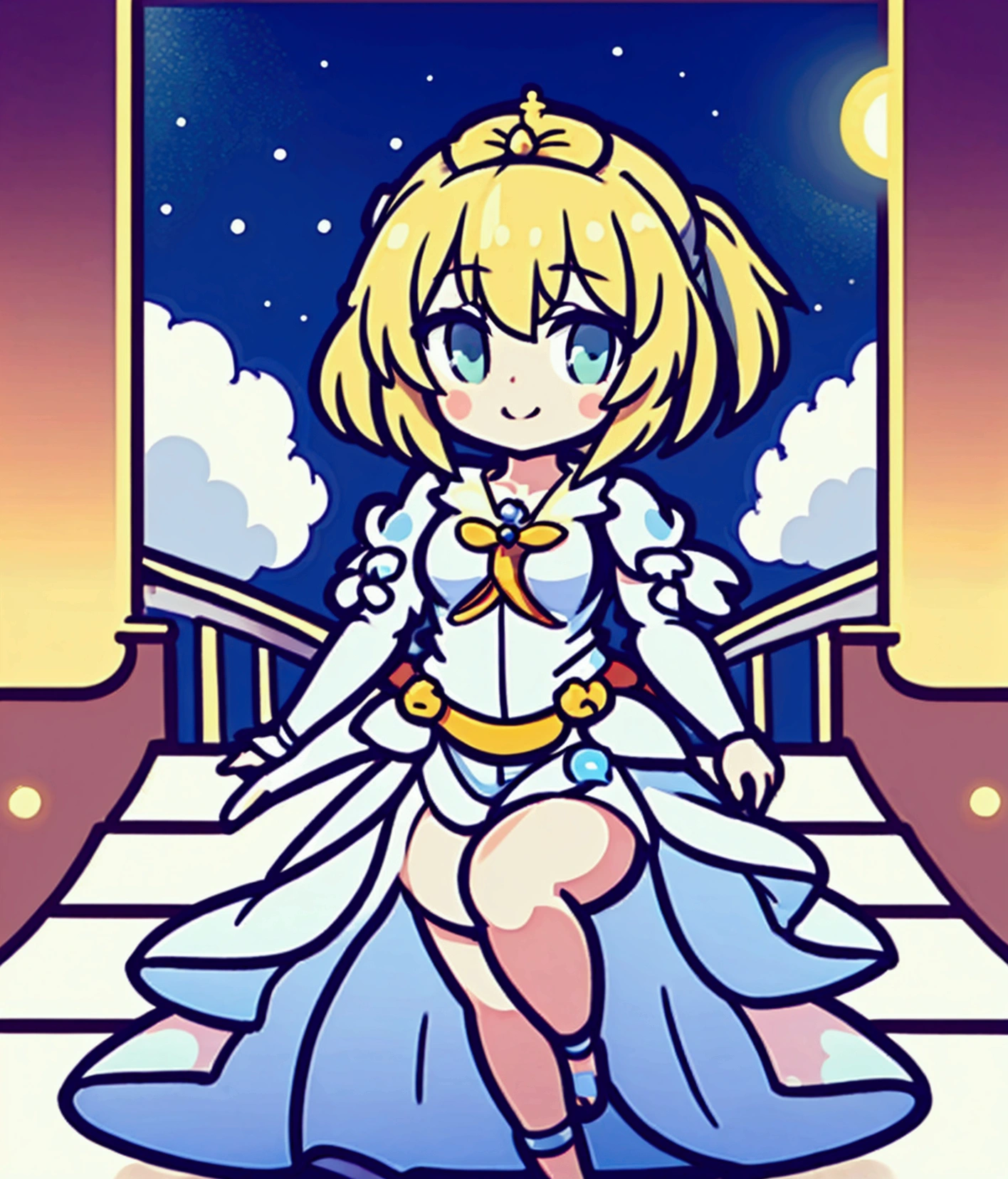 anime girl with blonde hair and light blue dress Go down the stairs,  in dress, , anime goddess, cute anime waifu in a nice dress, artoria pendragon, rei hiroe, anime moe artstyle, anime best girl, [[[[grinning evily]]]], from touhou, Shirabii, Anime princess,Little,Stickers,Highest quality,masterpiece,High resolution,short hair,