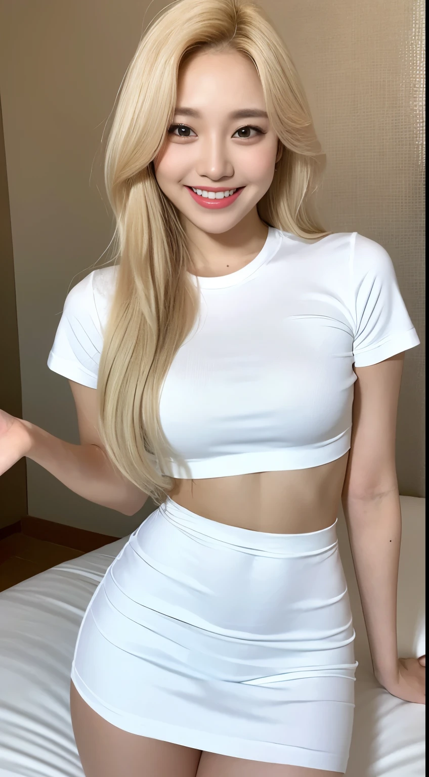 White tight shirt、White tight mini skirt、bed、smile、Short sleeve、high resolution、Korean idol face、double eyelid、White teeth、Medium Hair、Blonde