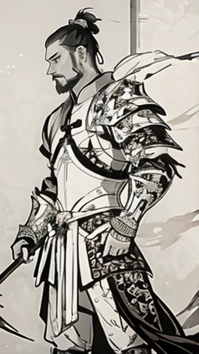 (((Monochrome)))、(((ancient chinese hairstyle male)))、(((Ink Painting)))、((Line art))、Highest quality、masterpiece、Ultra-high resolution、Embroidered cloth wrapped around a topknot、(Realistic:1.4)、Game Poster、Oriental、As seen in the Romance of the Three Kingdoms々military commander、Crisp and beautiful image quality ,(((metal armor, metal dragon head on the shoulder, , (metal armor with intricate pattern:1.2)))、 gloves, Long trousers, (Very detailed, bloom:1.5), (Highest quality, Concept Art, 4K), (analog:1.2), (high sharpness), (Detailed pupil:1.1),Detailed face and eyes, masterpiece, Highest quality, (Very detailed:1.1),, (PurerosFace_v1:0.2), [:(Detailed face:1.2):0.2], sharp, Realistic, Realistic Shadow, 