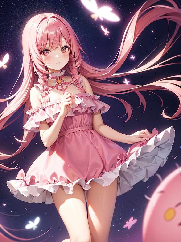 Long pink hair, half-twin outfit, pink frilly one-piece dress, pinkish starry sky background, smiling face