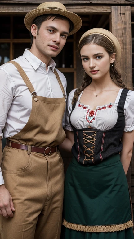 front view, 1 boy and 1 girl is exist, (1 man are dressed in Lederhosen, which are short  knit  pants with suspenders, often decorated with embroidery:1.3),  1 girl is 20 years-old, (brown hair ,double braid, smile), (2 people is Tyrol hat with edelweiss),  slime body, traditional German costumes from the 1930s. (The women are wearing  embroidered Dirndls, which include a close-fitting bodice with a low neckline, a blouse worn under the bodice), (Black wide high-waisted knit skirt, An ankle-length skirt ), (White apron, flower arrange embroidered apron), traditional shoes,  The setting is a rural village during a festival, with people engaging in traditional activities and celebrating their heritage , textured skin , HI detailed skin,  (foreshortening, Canon, 8K, anatomically correct, super detail, high details, highness)