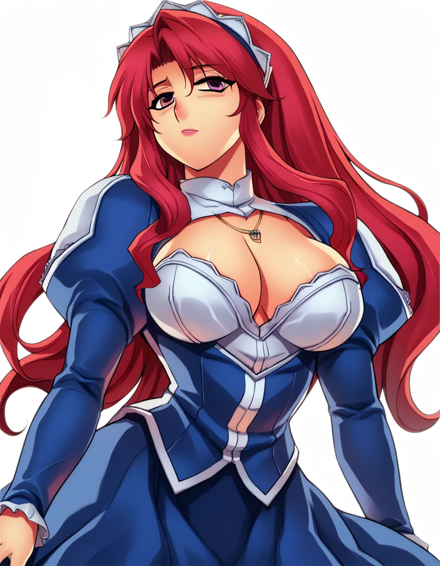 High detailed, kimtag, 1 girl, solo, rias, redhair, necklace, long hair, pink eyes, busty, plump Buson, chunky body, blue genetics's uniform, Juliet sleeves, deep cleavage, blue skirt, genetics's uniform, juliet sleeves, genetics's uniform, shy expression