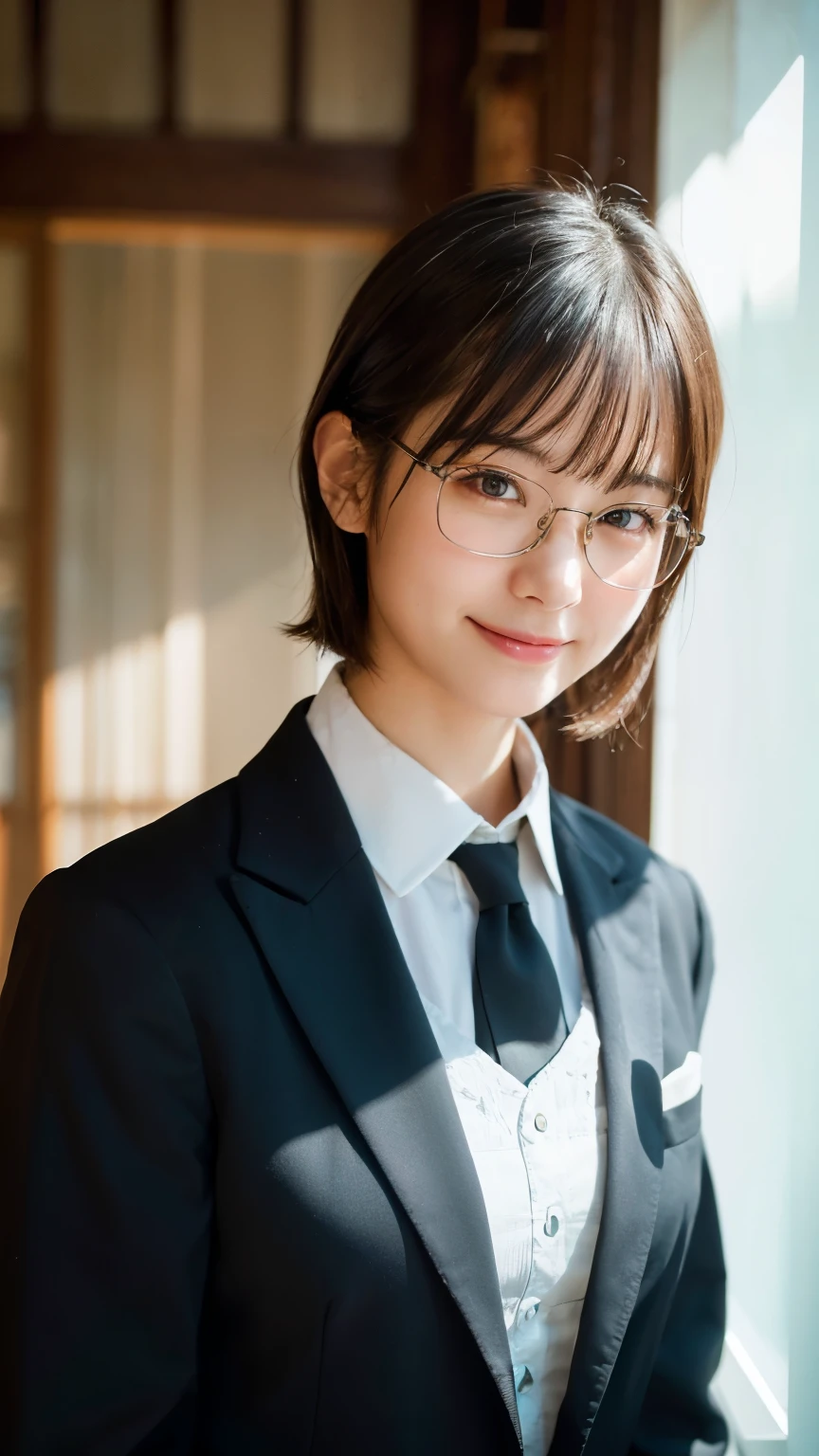 (Highest quality,masterpiece:1.3,Ultra-high resolution),(Very detailed,Caustics,8k),(Realistic:1.4,RAW shooting),A girl dressed as a butler,Japanese,boyish,smile,20-year-old,Short black hair,Glasses,Looking into the camera,Inside the Western-style building,Waist up shot,front,Face Focus,Face close-up,(Warm Light),Professional Writing