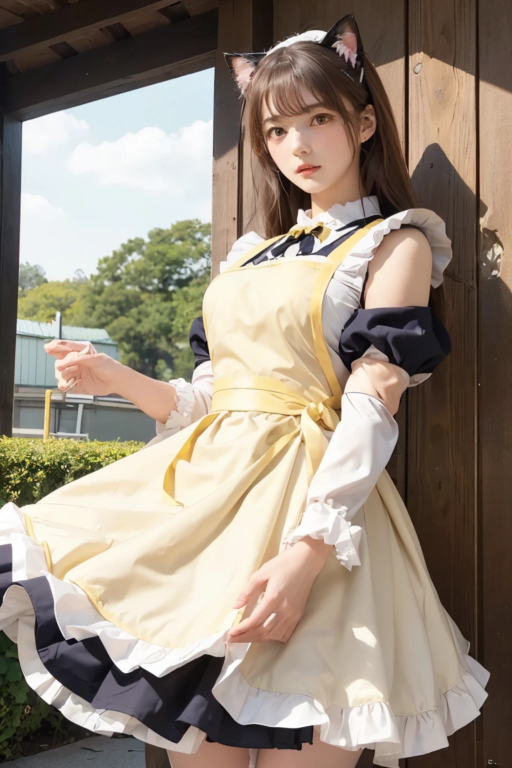 Three Girls, Long Hair, High resolution, Blushing, Open your mouth, (Cat ears:1.3), Pink eyes, (Puff sleeve and Lolita apron dress:1.5)
(Baseball uniform:1.3), (Yellow helmet:1.3),
Masterpiece, (From below:1.4)