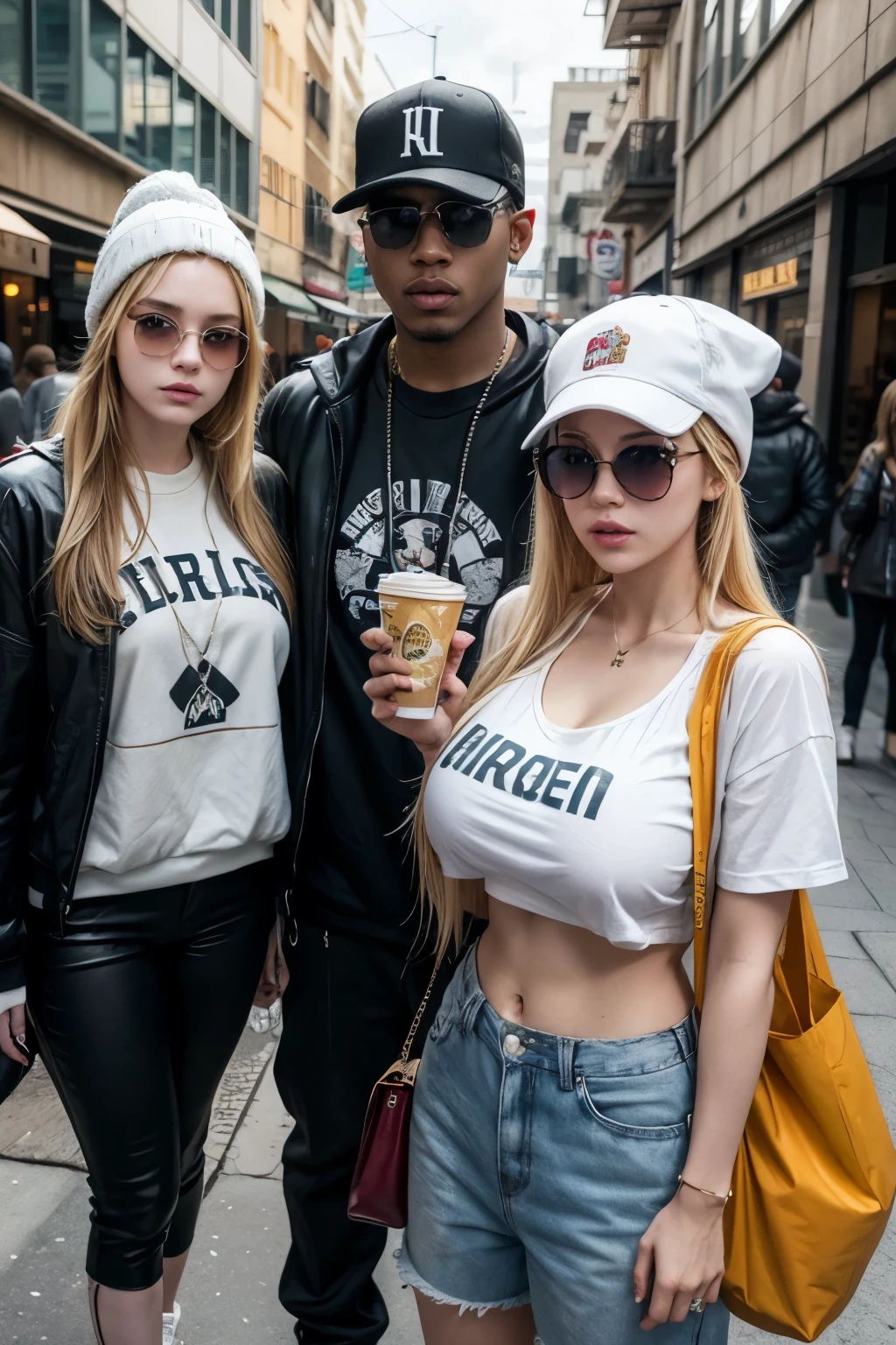 create an image of a white character who wears a durag,grills sunglasses and hip hop style clothes, holding a bag of money, him in the middle and on his left side a blonde and on the right side a brunette, both with big breasts, pixar poster style