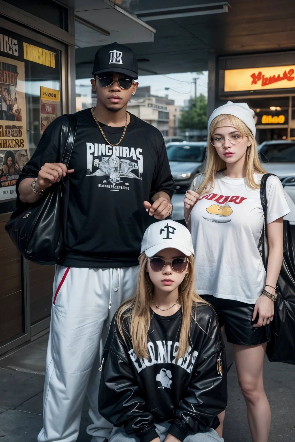 create an image of a white character who wears a durag,grills sunglasses and hip hop style clothes, holding a bag of money, him in the middle and on his left side a blonde and on the right side a brunette, both with big breasts, pixar poster style