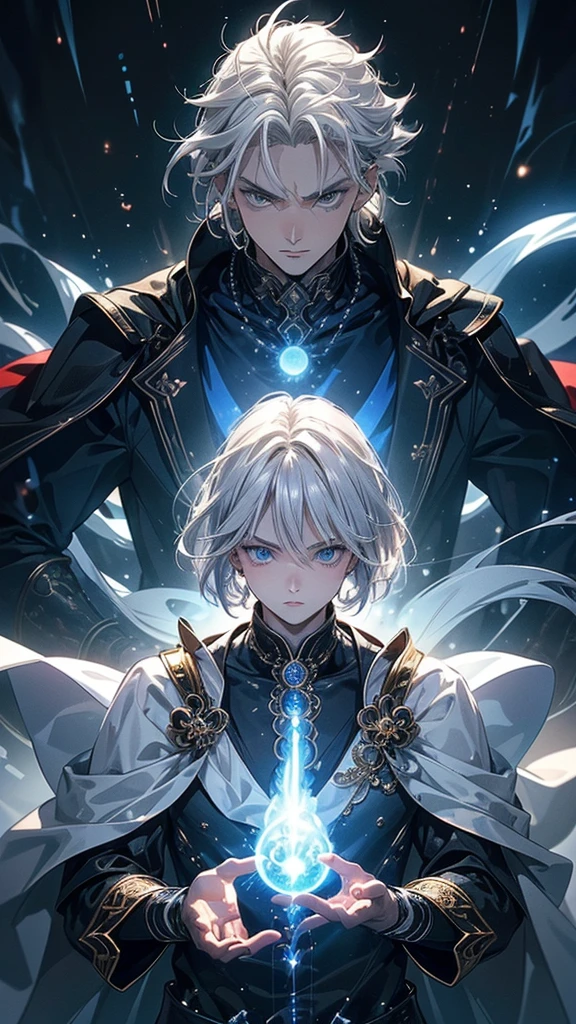 (Highest quality,Very detailed,High resolution:1.2),One adult male,Silver Hair,The most beautiful young man in human history,(1 photo from the front)、Dark blue eyes (Dark blue eyes:1.1),さみし気なaura(aura:1.1),(mysterious,Ghostly:1.1) atmosphere,Looks like half a demon,(Demonic traits,Demonic traits),(Elaborate,wonderful) ,Strong body、Use magic、((auraが漂う))、Cape、Powerful、Confident expression、Are standing、Very Short Hair、Hair in transverse divisions、Perm、Sharp Eyes、Angry、Glowing blue fireball