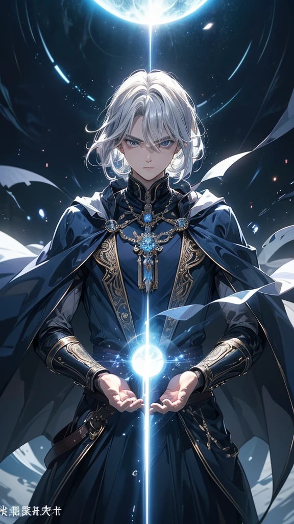 (Highest quality,Very detailed,High resolution:1.2),One adult male,Silver Hair,The most beautiful young man in human history,(1 photo from the front)、Dark blue eyes (Dark blue eyes:1.1),さみし気なaura(aura:1.1),(mysterious,Ghostly:1.1) atmosphere,Looks like half a demon,(Demonic traits,Demonic traits),(Elaborate,wonderful) ,Strong body、Use magic、((auraが漂う))、Cape、Powerful、Confident expression、Are standing、Very Short Hair、Hair in transverse divisions、Perm、Sharp Eyes、Angry、Glowing blue fireball