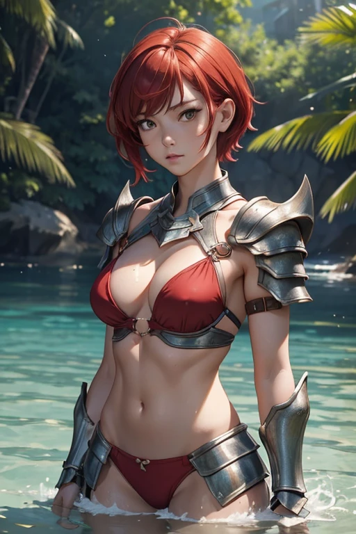 ((High detail、high detail、Detailed portrait、masterpiece))、One girl, , （Muscular、Muscular々、Broad shoulders、Trained abdominal muscles、clavicle）、Berry Short Cut、Side shaved hairstyle,,((Metal Armor))、((Woman warrior))、gauntlet、breastplate、 Full Body Shot, Outdoor、Red Hair、(((Boyish))、((Slender breasts))、（In the water、In the water）、bikini