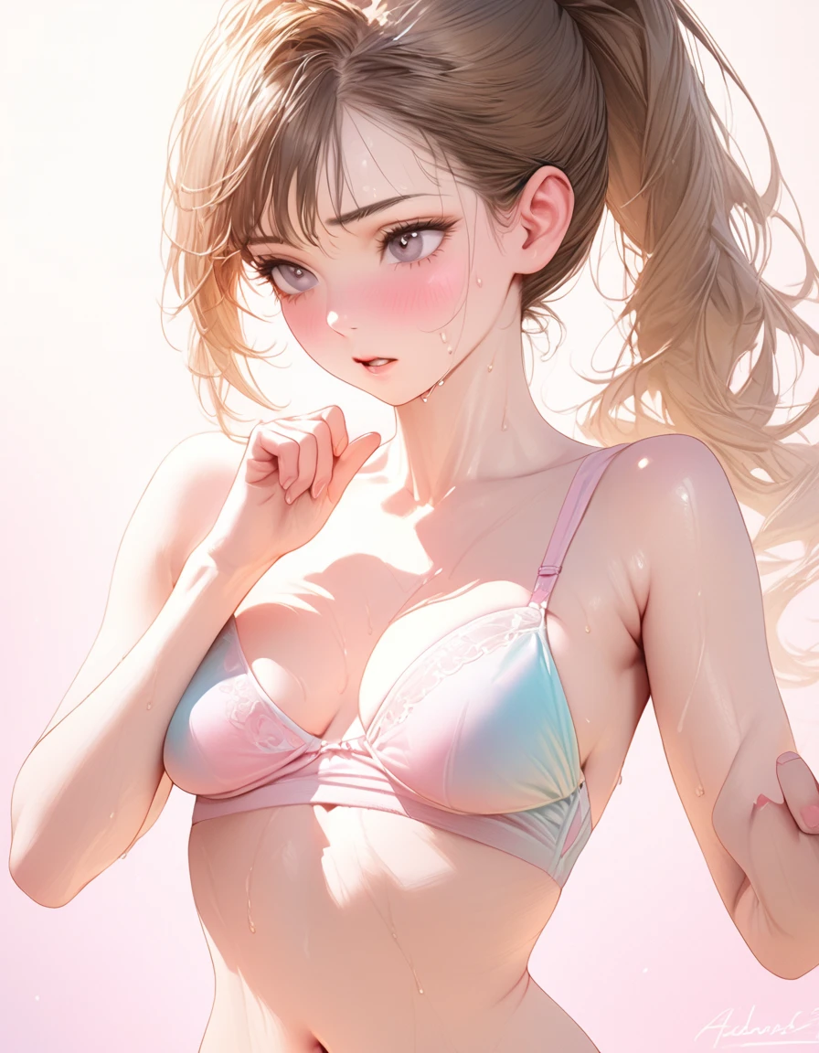 (((best quality))),(realistic shadows),(((very fine lines))),beautiful,exquisite,16K,full HD,one girl,touching her from behind with her own fingers,touching her buttocks,steamy body,sweat,absurd,((upper body,soft expression)),glow,underwear,curvy,navel,skin dimples,pastel colors,brown hair in a ponytail,jet black eyes,long eyelashes,beautiful eyes,pale pink cheeks,long slender legs,