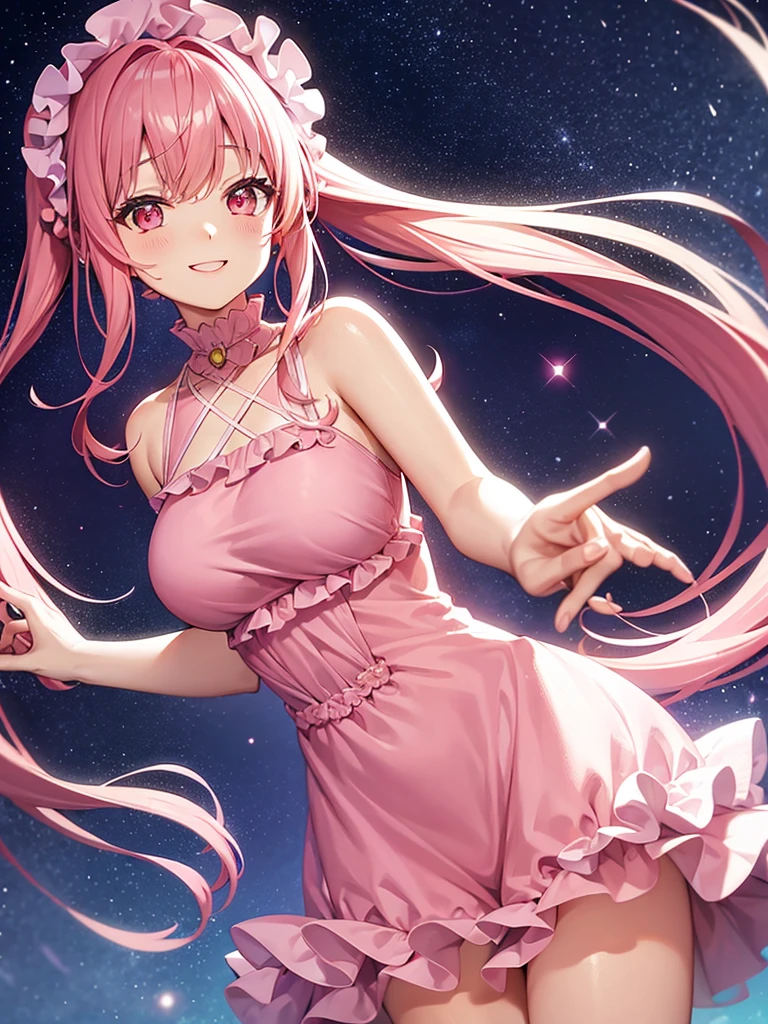 Long pink hair, half-twin outfit, pink frilly one-piece dress, pinkish starry sky background, smiling face