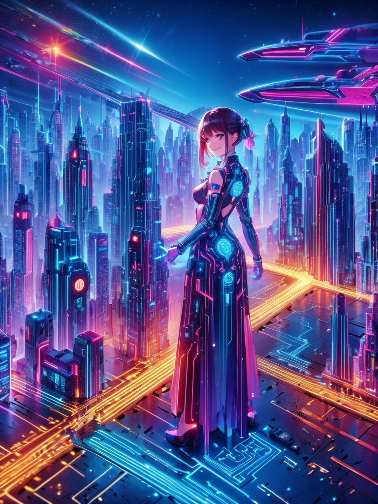 Masterpiece,Highest quality,Highest Resolution,A beautiful smiling android girl from the future,An intricate and precise mechanical body,Crisp down to the smallest detail,Future city at night,front,whole body,(((up))),