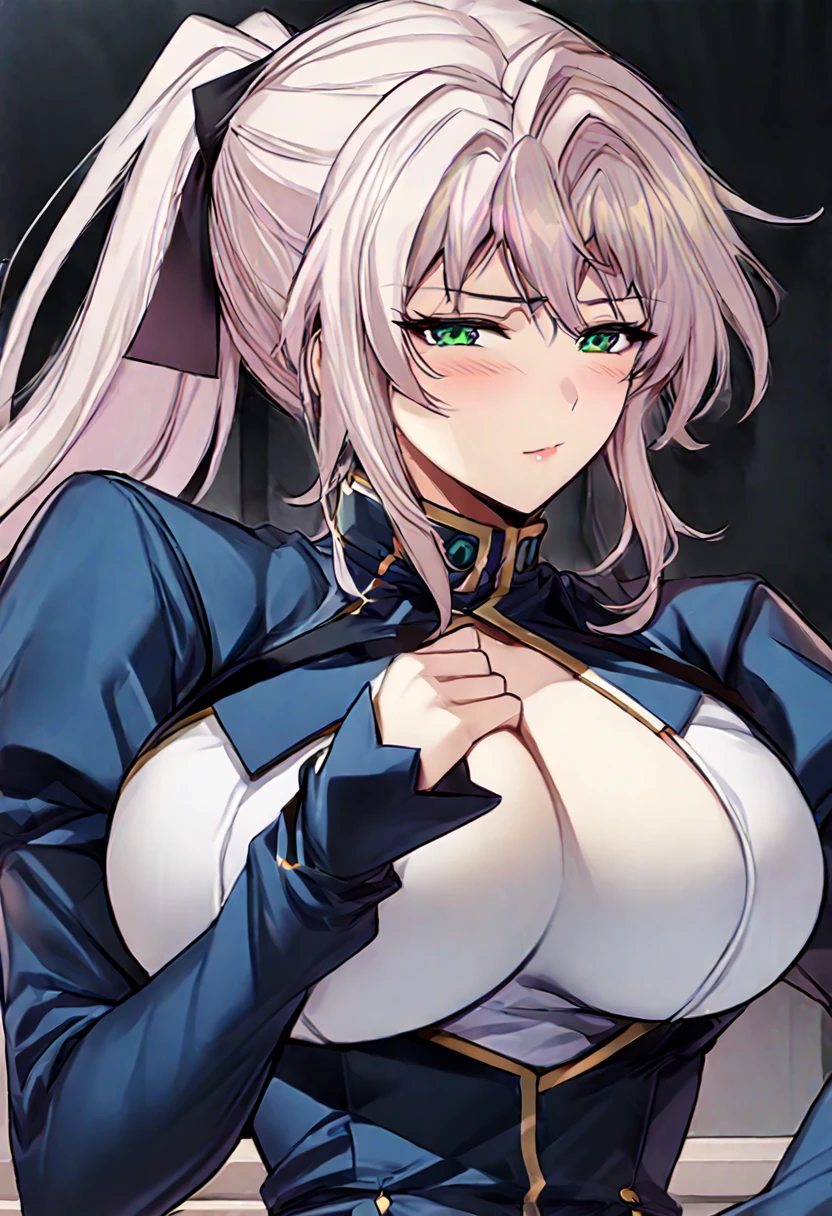 High detailed, kimtag, 1 girl, solo, akenohimejimaSDXL, Ivory colored eyes, castleton-green colored hair, large hair, ponytail ribbon, pink ribbon, busty, large plump Breasts, chunky body, blue genetics's uniform, Juliet sleeves,  deep cleavage, blue skirt, genetics's uniform, juliet sleeves, genetics's uniform, shy expression