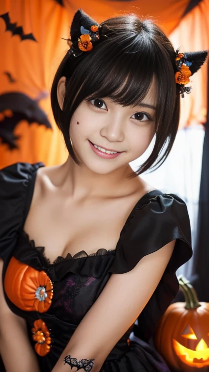 (1girl,extremely cute girl,beautiful girl,ultra detailed face,detailed dropped eyes,charming smile,short hair,japanese young girl,halloween costume:1.75),Orgasm face,sexual climax:2.0),monster costume,pumpkin,jack-o'-lantern,best quality,4k,8k,highres,masterpiece,ultra-detailed,realistic,photorealistic,photo-realistic,vivid colors,studio lighting