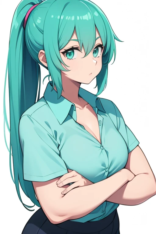 A genius with bright aqua green eyes,aqua green hair wearing a ponytail,wearing a white blouse and dark blue leggings