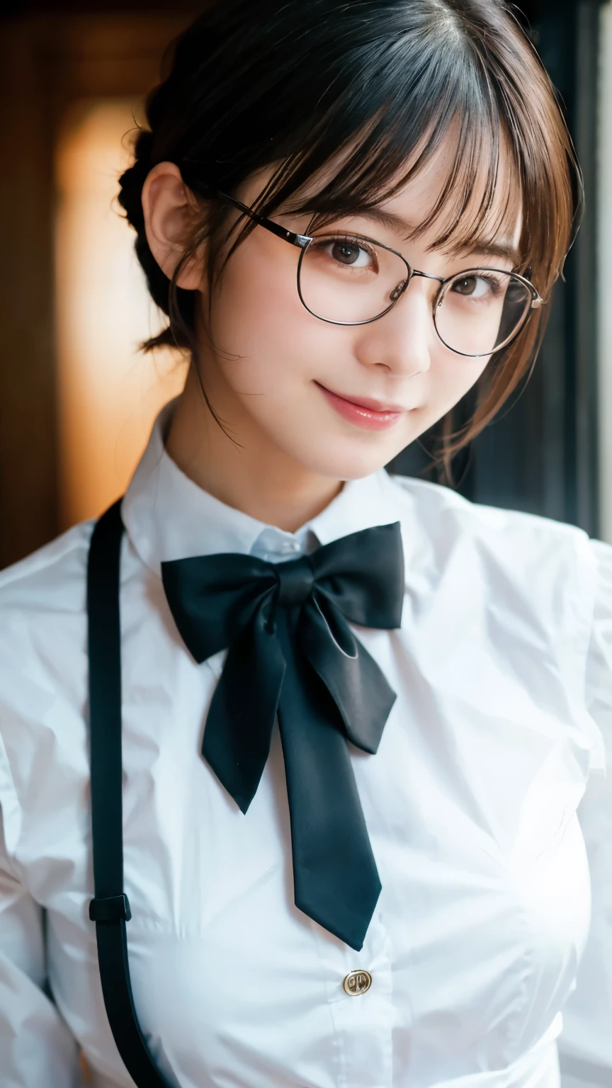 (Highest quality,masterpiece:1.3,Ultra-high resolution),(Very detailed,Caustics,8k),(Realistic:1.4,RAW shooting),A girl dressed as a butler,Japanese,boyish,smile,20-year-old,Short black hair,Glasses,Looking into the camera,Inside the Western-style building,Waist up shot,front,Face Focus,Face close-up,(Warm Light),Professional Writing