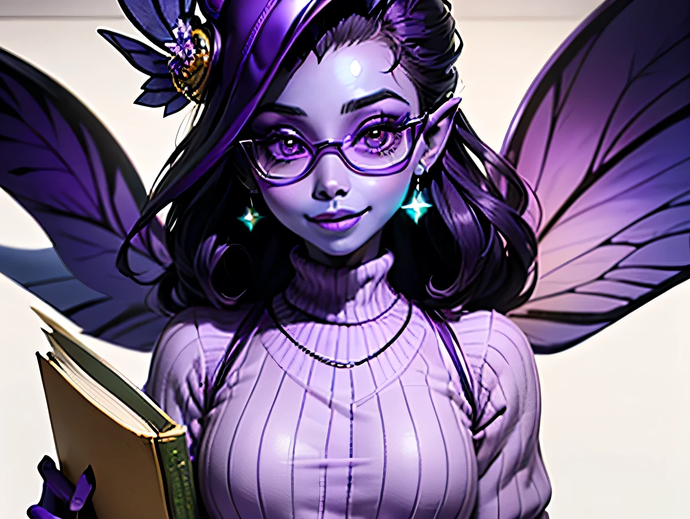 Writing in book, ((wearing glasses)) and (white sweater). Futuristic, ((Purple flawless skin:1.8)), Beautiful tiny female fairy creature with Large, expressive eyes, short wavy sparkly purple hair and a happy smile. A , slim, fit, agile body, tiny translucent wings on her back.