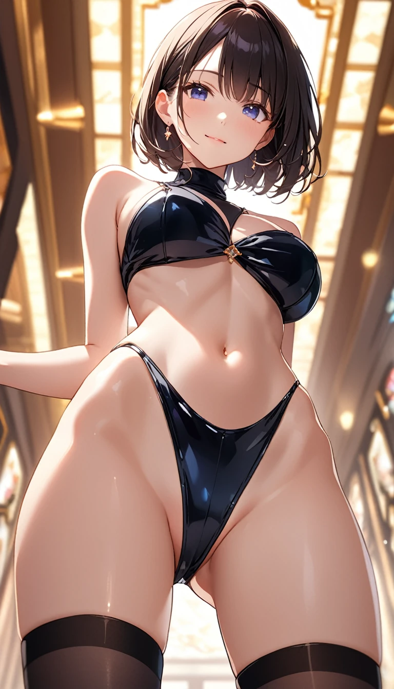 高いquality illustration, masterpiece, Very delicate and beautiful, Attractive girl,(Shiny black swimsuit、turtleneck、Black knee socks、Black gloves),thin,Slender body,slim、casino、casinoの背景,Princess, Beautiful Eyes,A light smile,(masterpiece, Highest quality:1.2), High resolution, Very detailed CG ユニティ 8k 壁紙, Perfect lighting, colorful, 超High resolution,4K,Very detailed, photograph, 8k, High resolutionolution, ponytail Cross your arms Big Breasts Bobcut Spread your legs Close-up of the crotch from directly below