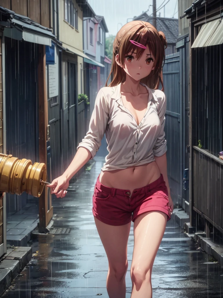 Girl, blue short, Unbuttoned Blouse, Blouse on a naked body,  You can see her breasts,  Bare breasts, chest visible, street  background, Narrow passage between houses, night, rain, slim body, In full growth, Sneakers , Bare breasts, She threw open her hands, small breast 