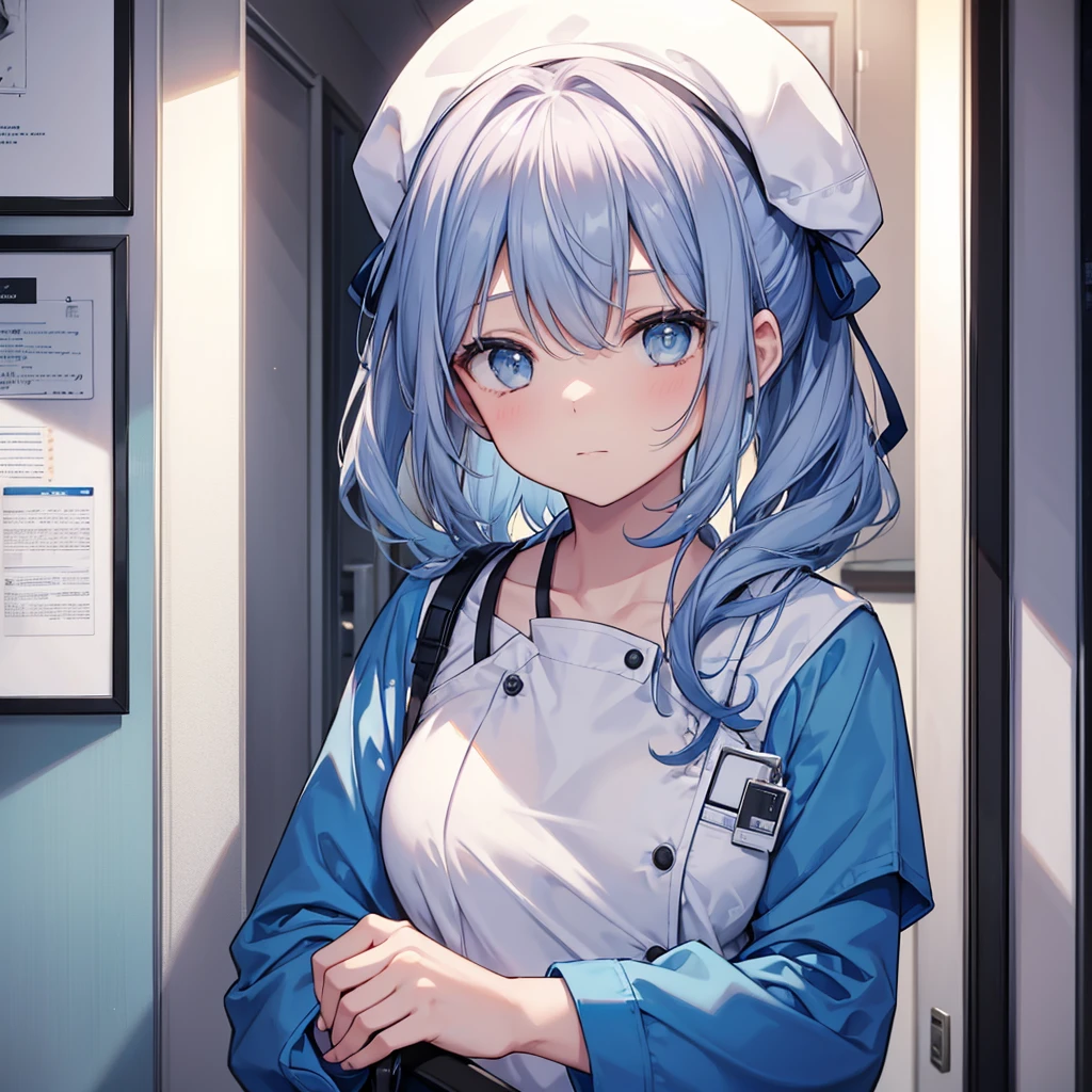 nursing aide,one girl,solo,blue or white scrubs,not wearing a hat or cap, frame it up to the top of the head, The top of my head doesn't come out of the frame,Facing forward.