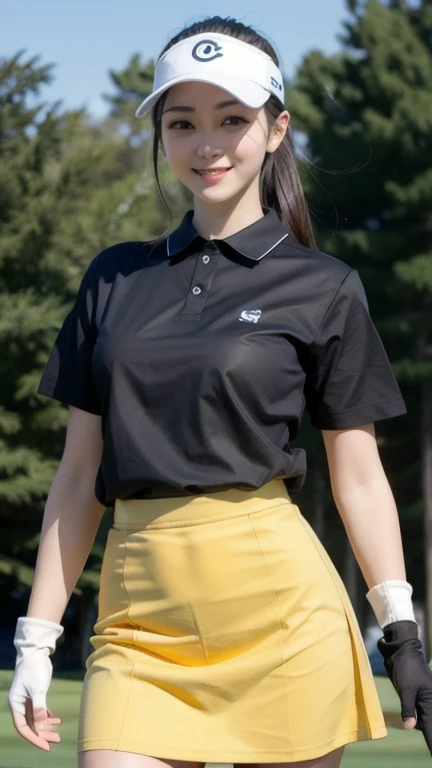 8k, RAW Photos, (masterpiece), (Highest quality), High resolution, (Realistic, photo-Realistic:1.4), ultra detaileded, wonderful_detailed, ultra High resolution, Good move, perfection_anatomy, Realistic,Pure Eros Face_v1, Urzan-6500-v1.1, ((smile)),One girl, alone, Golf club, skirt, black shirt, gloves, shirt, Outdoor, white gloves, Photo Background, Have, 片手gloves, yellow skirt, Day, Realistic, Short sleeve, Brown Hair, Cowboy Shot, Long Hair, wood, chest, Holding, Brown eyes, Are standing, null, ponytail, Visor Cap