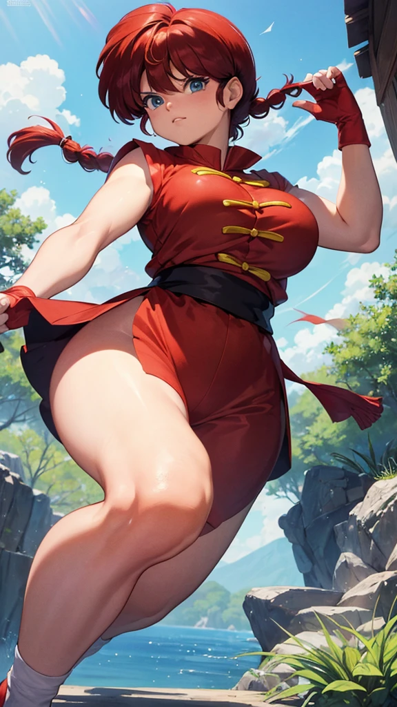 best quality,masterpiece,Ultra-high resolution,(photoactual:1.4),Budokan,,Comics by Rumiko Takahashi（Ranma 1/2）,character ranma（female）Red long hair braid,Cute face,Wearing red kung fu suit,