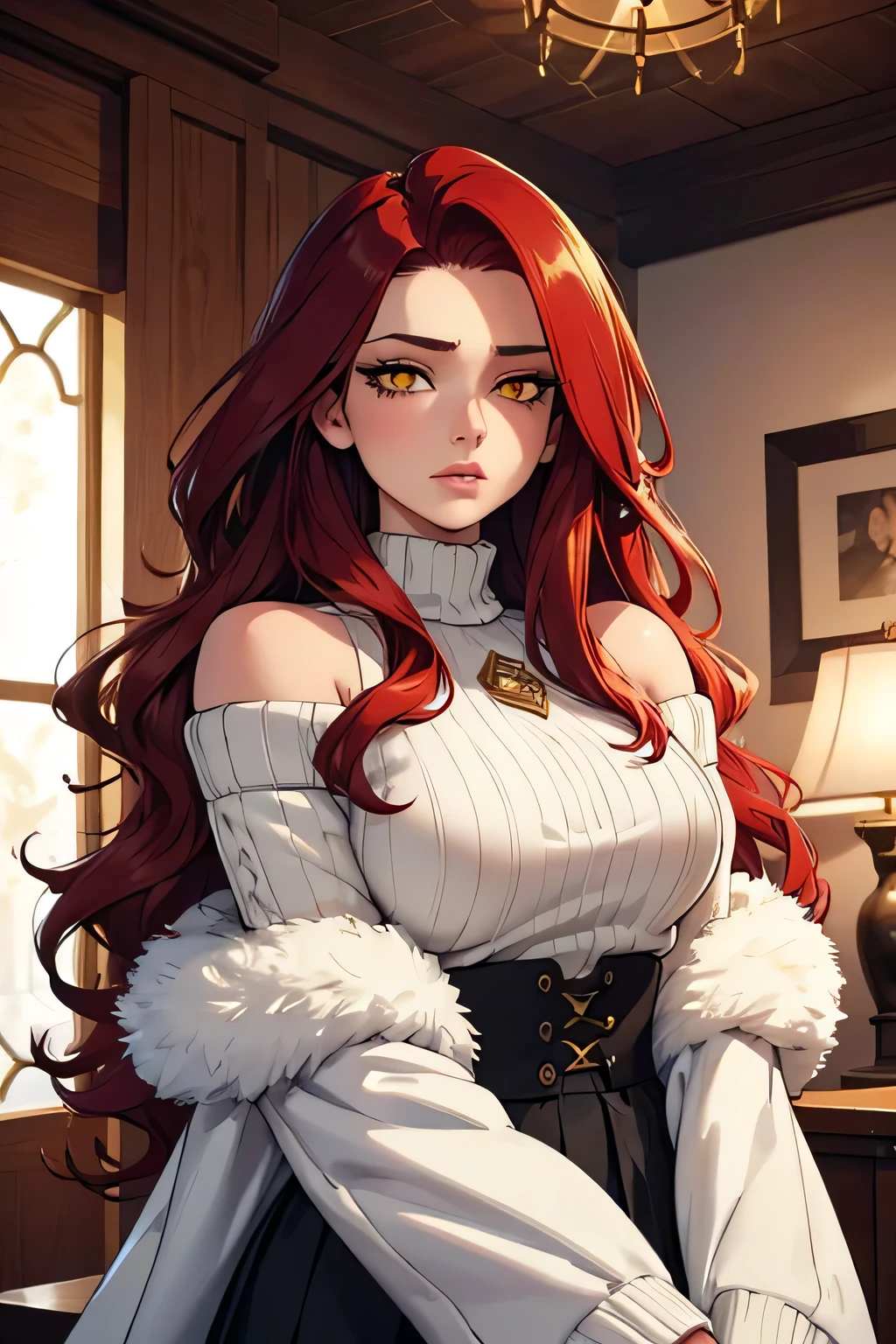 a beautiful young woman, slender body, detailed lips, long wavy red hair, yellow eyes, white off-shoulder sweater, white fur coat, black pleated skirt, on a cozy house, nervous expression, detailed eyes, detailed face, longeyelashes, fashion portrait, cinematic lighting, warm color tones, soft focus