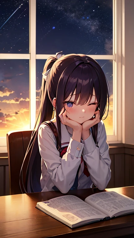 Bangs, Long hair, Hair covering eyes, meditation, Side Ponytail, Anime style, Ultra HD, masterpiece, Textured Skin, high resolution, best quality, A high school girl rests her chin on the table in the library，Open a notebook, night, The setting sun shines through the windows