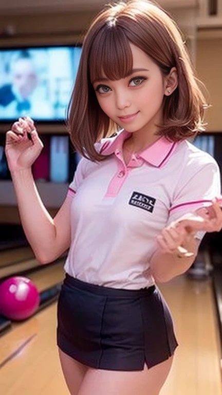 (masterpiece:1.2, Highest quality), (Realistic, photoRealistic:1.4), Beautiful illustrations, (Natural Side Lighting, Cinema Lighting), Browsing Caution,
Beautiful detailed hair, Beautifully detailed face, Beautiful attention to detail, Beautiful clavicle, Beautiful body, Beautiful breasts, Beautiful thighs, Beautiful feet, Beautiful Hands,
View your viewers, 1 girl, 16 years old, Pro Bowler, Perfect Face, Cute and symmetrical face, Glowing Skin,
(short hair, Bob Hair, Brown Hair), bangs, Grey Eyes, , Big eyes, Long eyelashes, (Medium chest), (Small Ass, thin太もも), thin, Excellent style,
(Detailed cloth texture, Bowling Uniform Polo Shirt(pink), Short skirt(black), training shoes), The finest underwear,
(Beautiful views), (bowling alley), (smile, Lips parted),
