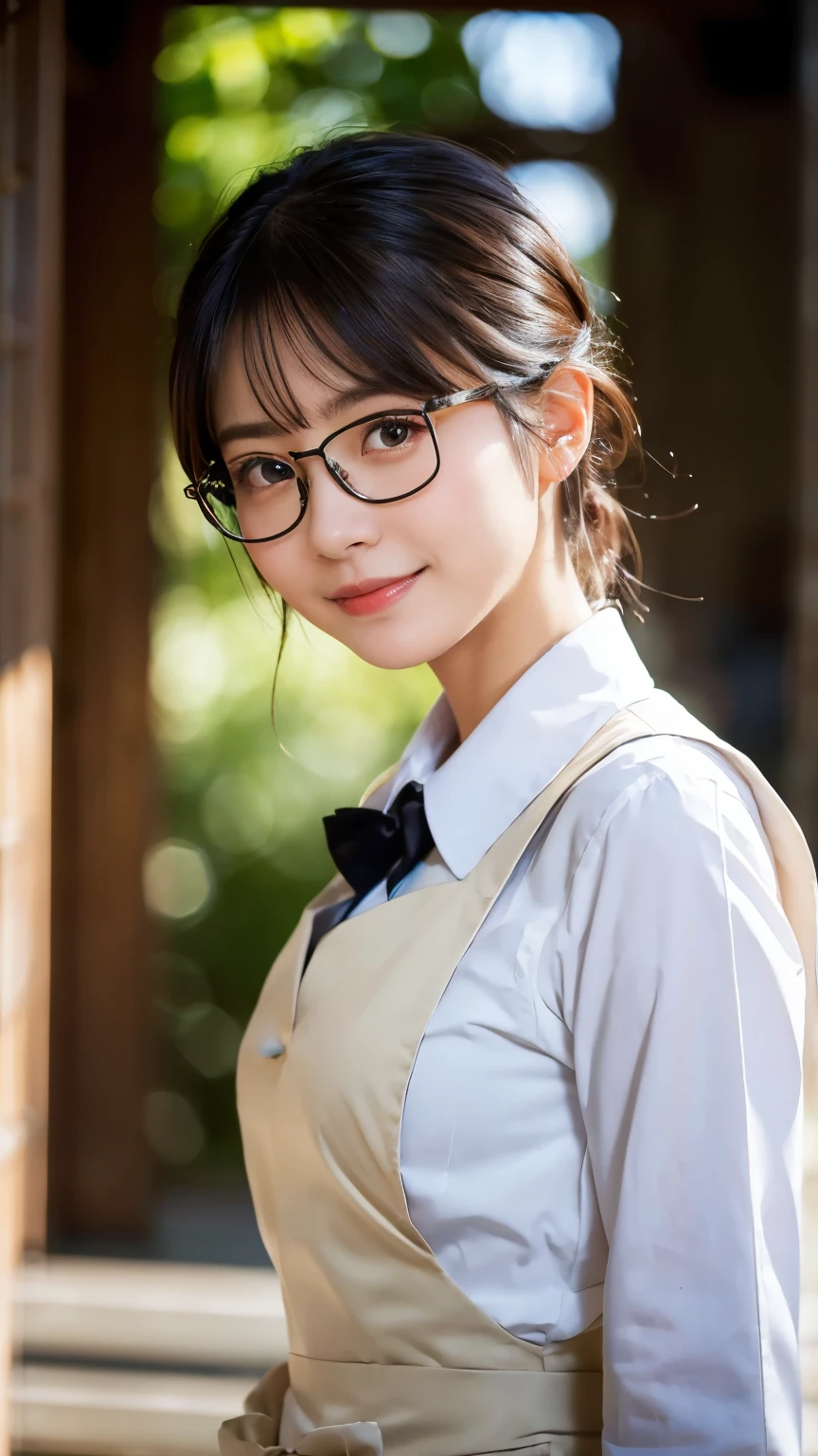 (Highest quality,masterpiece:1.3,Ultra-high resolution),(Very detailed,Caustics,8k),(Realistic:1.4,RAW shooting),A girl dressed as a butler,Japanese,boyish,smile,20-year-old,Short black hair,Glasses,Looking into the camera,Inside the Western-style building,Waist up shot,front,Face Focus,Face close-up,(Warm Light),Professional Writing