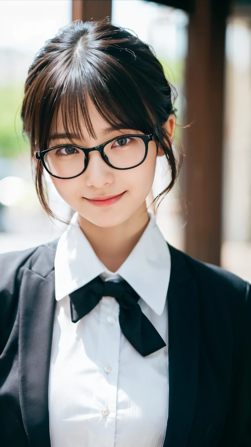 (Highest quality,masterpiece:1.3,Ultra-high resolution),(Very detailed,Caustics,8k),(Realistic:1.4,RAW shooting),A girl dressed as a butler,Japanese,boyish,smile,20-year-old,Short black hair,Glasses,Looking into the camera,Inside the Western-style building,Waist up shot,front,Face Focus,Face close-up,(Warm Light),Professional Writing