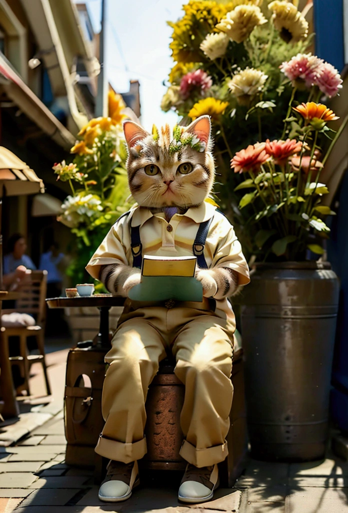 "A British Shorthair cat in a casual polo shirt and khaki shorts, sitting at an outdoor table of a quaint cafe, reading a book. The background includes a charming street with flower boxes and old-fashioned lampposts."