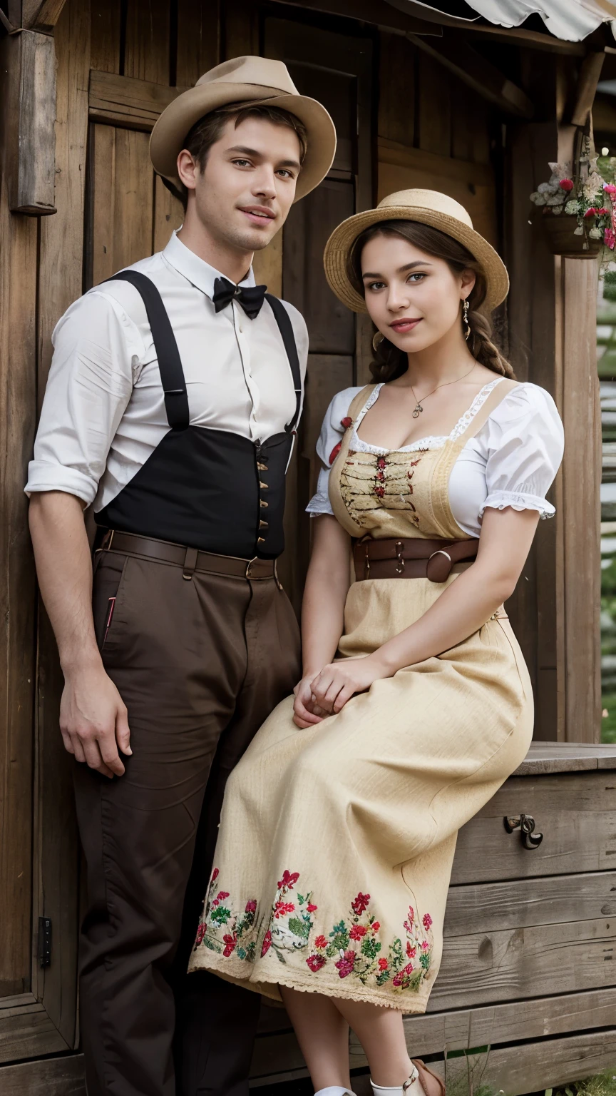 front view, 1 boy and 1 girl is exist, (1 man are dressed in Lederhosen, which are short  knit  pants with suspenders, often decorated with embroidery:1.3),  1 girl is 20 years-old, (brown hair ,double braid, smile), (2 people is Tyrol hat with edelweiss),  slime body, traditional German costumes from the 1930s. (The women are wearing  embroidered Dirndls, which include a close-fitting bodice with a low neckline, a blouse worn under the bodice), (Black wide high-waisted knit skirt, An ankle-length skirt ), (White apron, flower arrange embroidered apron), traditional shoes,  The setting is a rural village during a festival, with people engaging in traditional activities and celebrating their heritage , textured skin , HI detailed skin,  (foreshortening, Canon, 8K, anatomically correct, super detail, high details, highness)