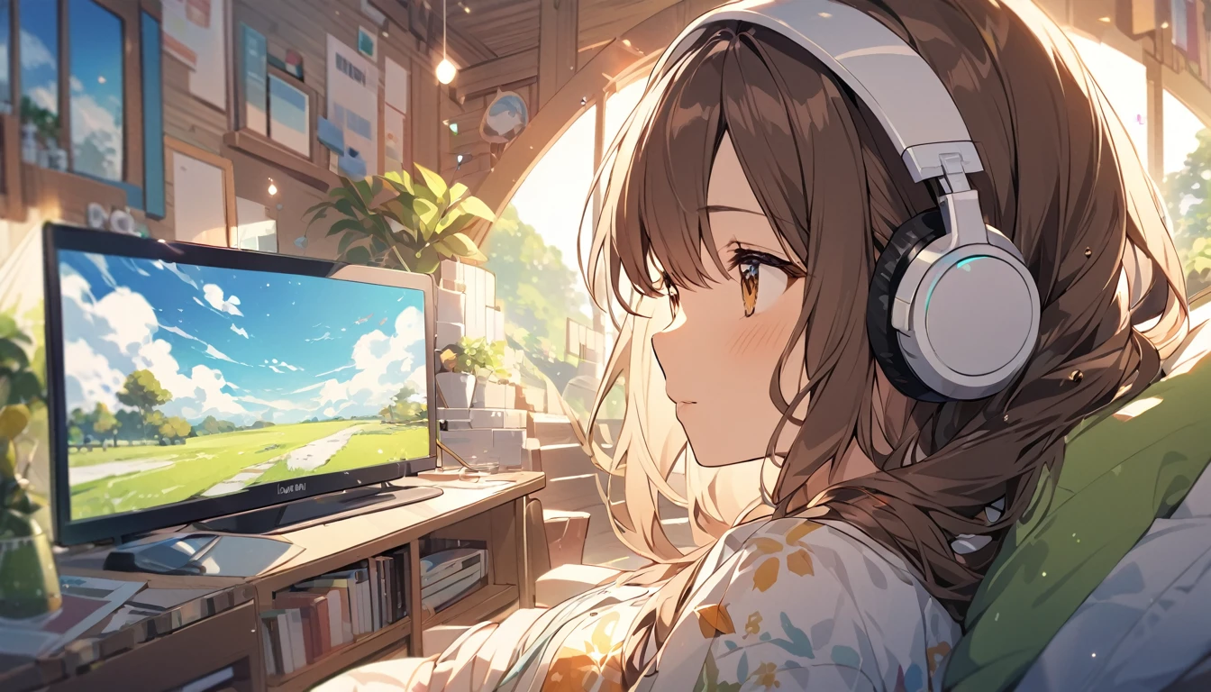 Girl wearing headphones,Brown Hair,1 person,bright,Detailed Background,Dreaming Afternoon - Afternoon Relaxation