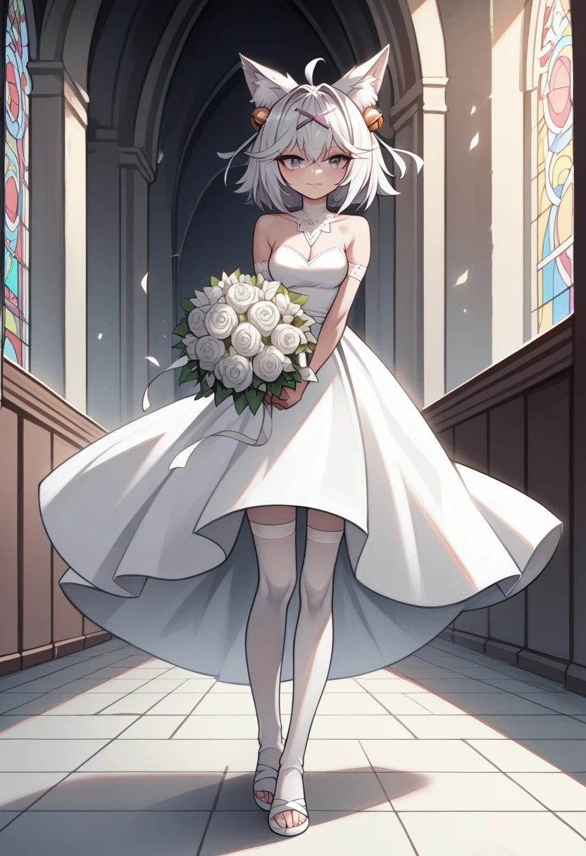 UHD, masterpiece, best quality, church, infront of the altar, 1girl, solo, Filian, fluffy fox tail, super small fox ears, white hair, short hair, ahoge, hairclip, hair bell, big purple eyes, blush, seductive smile, a-line wedding dress, white stockings, white sandal with heals, slim arms, slim legs, Eye-Level Shot, holding bridal bouquet ,full body pose, innocent pose